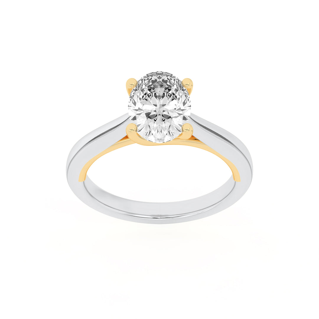 1CTW Oval Shaped Lab Grown Diamond (F/VS) Two Tone Cathedral Shank Engagement Ring in 14K Gold