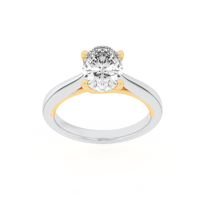 2Cttw Oval Shaped Lab Grown Diamond (F/VS) Two Tone Cathedral Shank Engagement Ring in 14K Gold