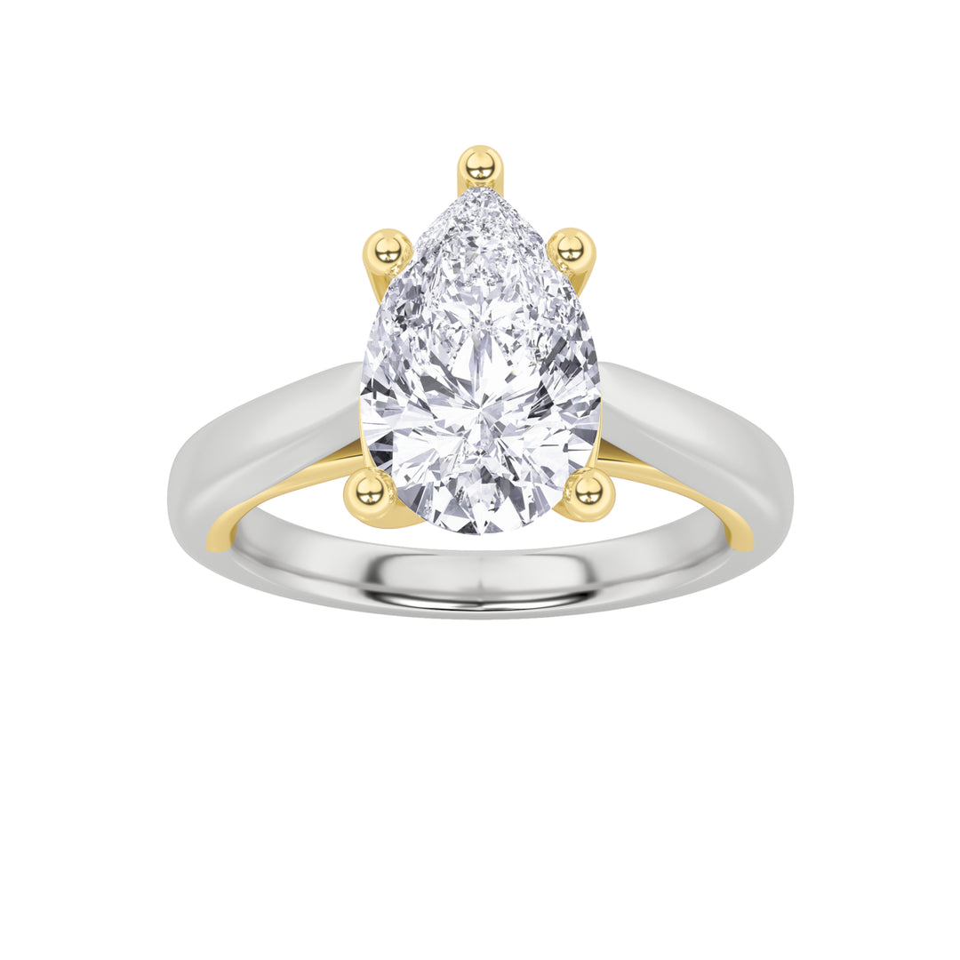 1CTW Pear Shaped Lab Grown Diamond (F/VS) Two Tone Cathedral Shank Engagement Ring in 14K Gold