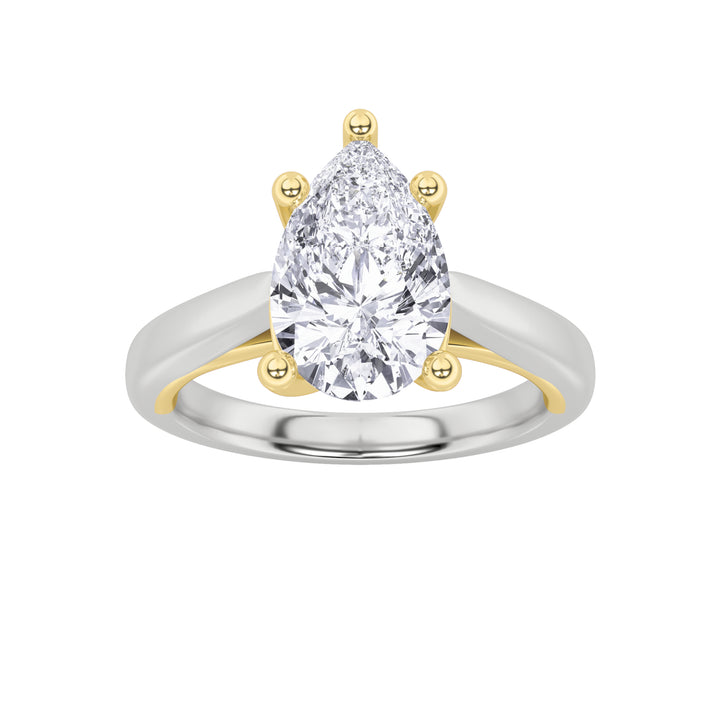 1CTW Pear Shaped Lab Grown Diamond (F/VS) Two Tone Cathedral Shank Engagement Ring in 14K Gold