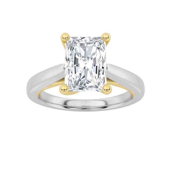 1CTW Radiant Shaped Lab Grown Diamond (F/VS) Two Tone Cathedral Shank Engagement Ring in 14K Gold