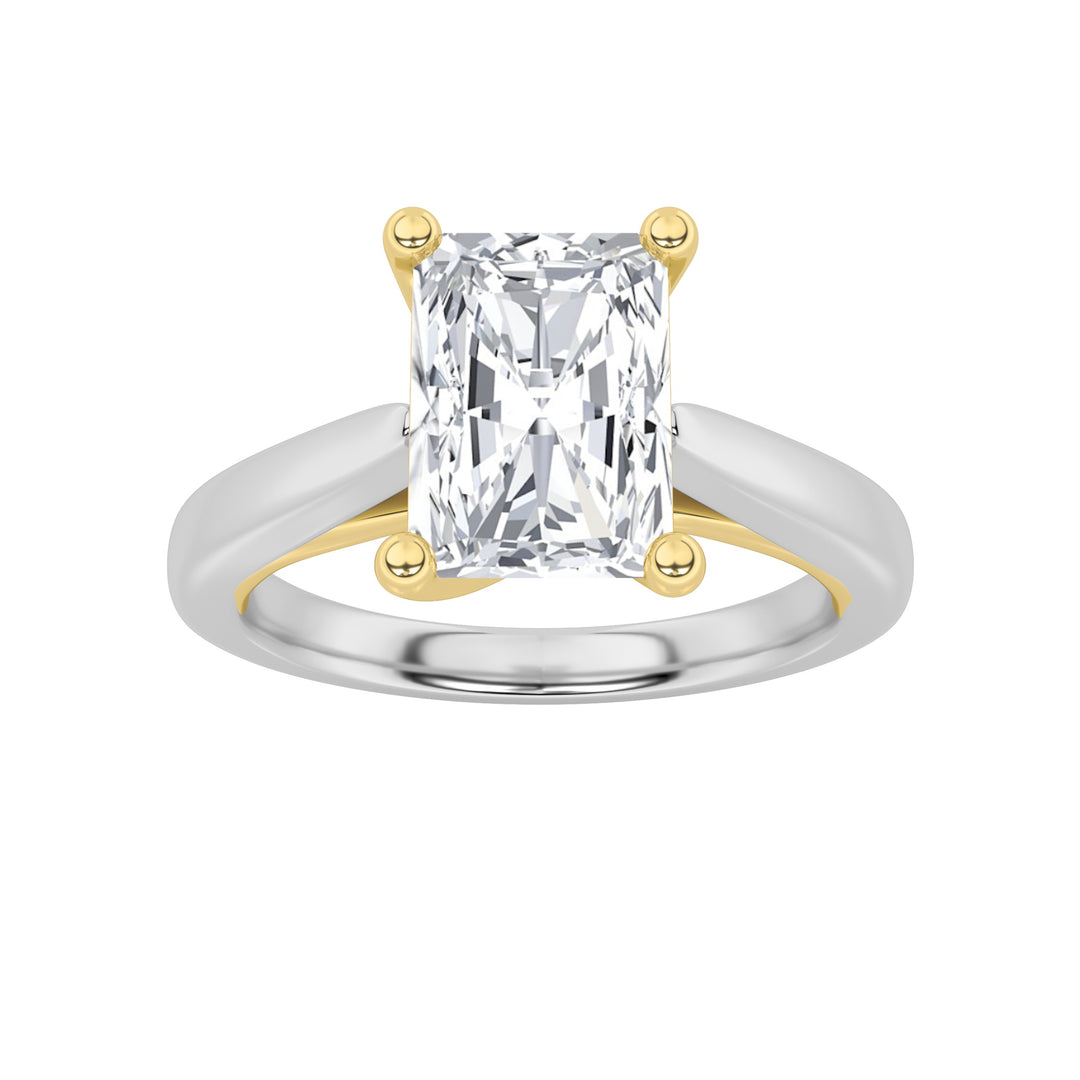 3Cttw Radiant Shaped Lab Grown Diamond (F/VS) TwoTone Cathedral Shank Engagement Ring in 14K Gold