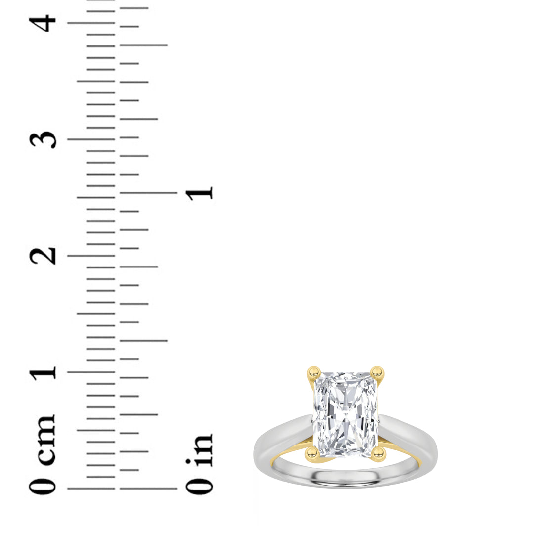 3Cttw Radiant Shaped Lab Grown Diamond (F/VS) TwoTone Cathedral Shank Engagement Ring in 14K Gold