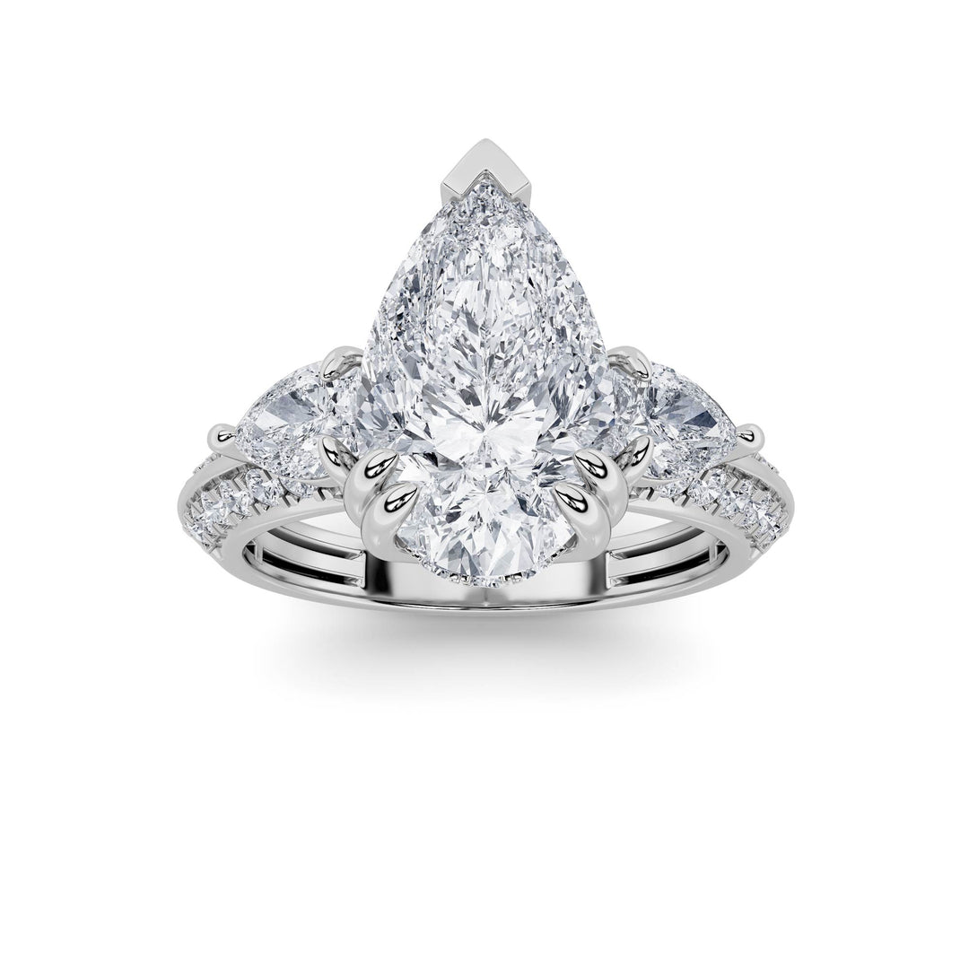 3.5Cttw Pear Shaped Lab Grown Diamond (G/VS) Three Stone Accented Engagement Ring in 14K Gold