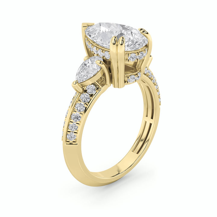 3.5Cttw Pear Shaped Lab Grown Diamond (F/VS) Three Stone Accented Engagement Ring in 14K Gold