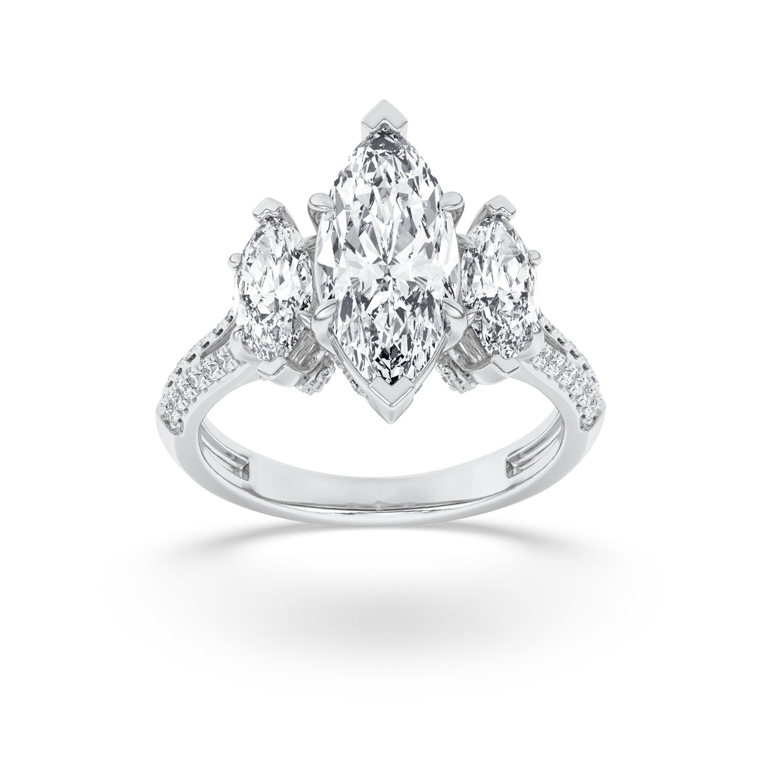 4Cttw Marquise Shaped Lab Grown Diamond (G/VS) Three Stone Accented Engagement Ring in 14K Gold