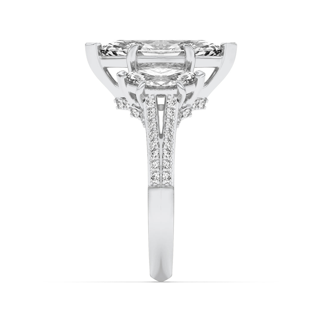 4Cttw Marquise Shaped Lab Grown Diamond (G/VS) Three Stone Accented Engagement Ring in 14K Gold