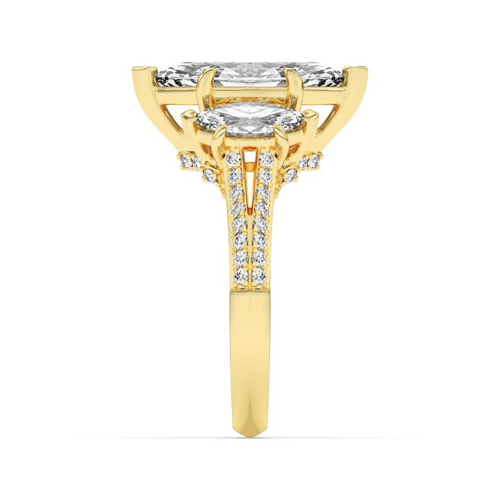 4Cttw Marquise Shaped Lab Grown Diamond (G/VS) Three Stone Accented Engagement Ring in 14K Gold