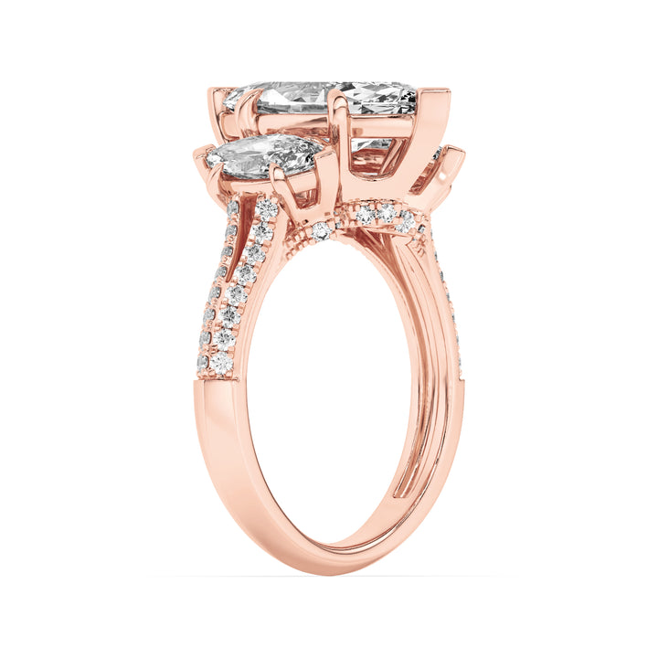 4Cttw Marquise Shaped Lab Grown Diamond (F/VS) Three Stone Accented Engagement Ring in 14K Gold