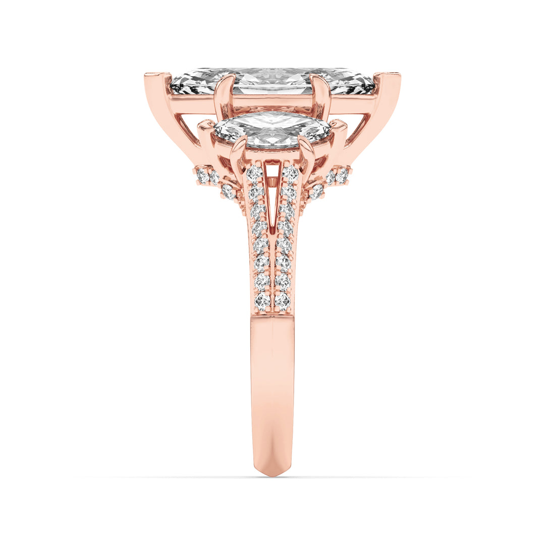 4Cttw Marquise Shaped Lab Grown Diamond (F/VS) Three Stone Accented Engagement Ring in 14K Gold