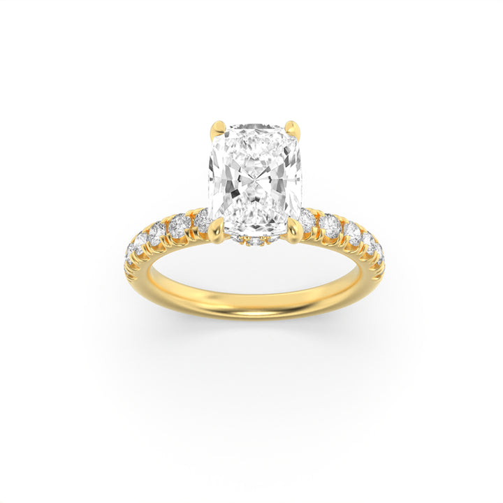 3Cttw Elongated Cushion Shaped Lab Grown Diamond (F/VS) Classic Hidden Halo Accented Solitaire Engagement Ring in 14K Gold