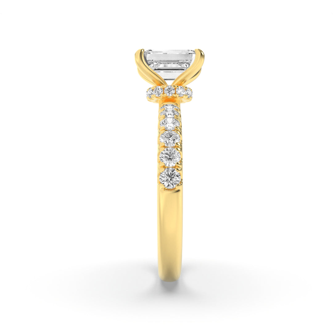 2CTW Emerald Shaped Lab Grown Diamond (F/VS) Hidden Halo Accented Ring in 14K Gold