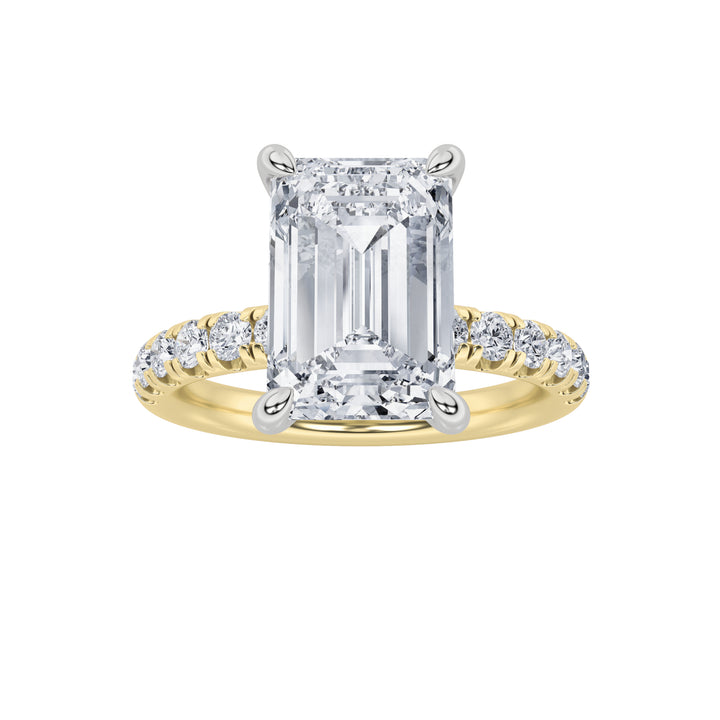 2Cttw Emerald Shaped Lab Grown Diamond (F/VVS) Hidden Halo Accented Ring in 14K Gold