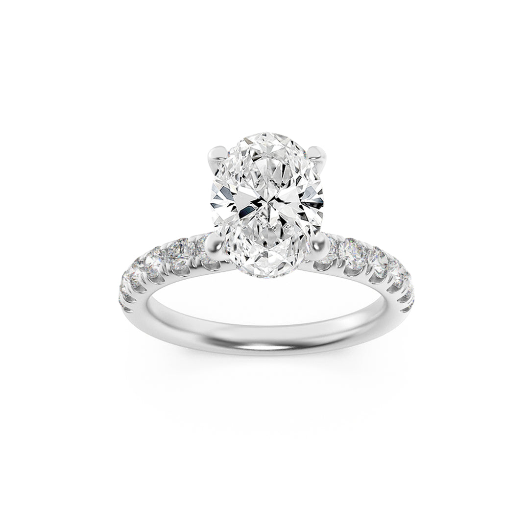 2CTW Oval Shaped Lab Grown Diamond (G/VS) Hidden Halo Accented Ring in 14K Gold