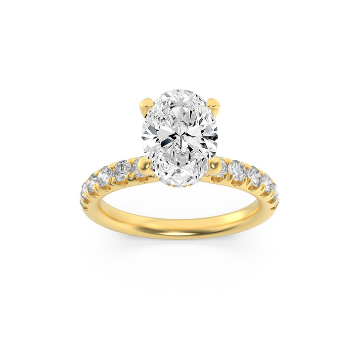 2CTW Oval Shaped Lab Grown Diamond (F/VS) Hidden Halo Accented Ring in 14K Gold