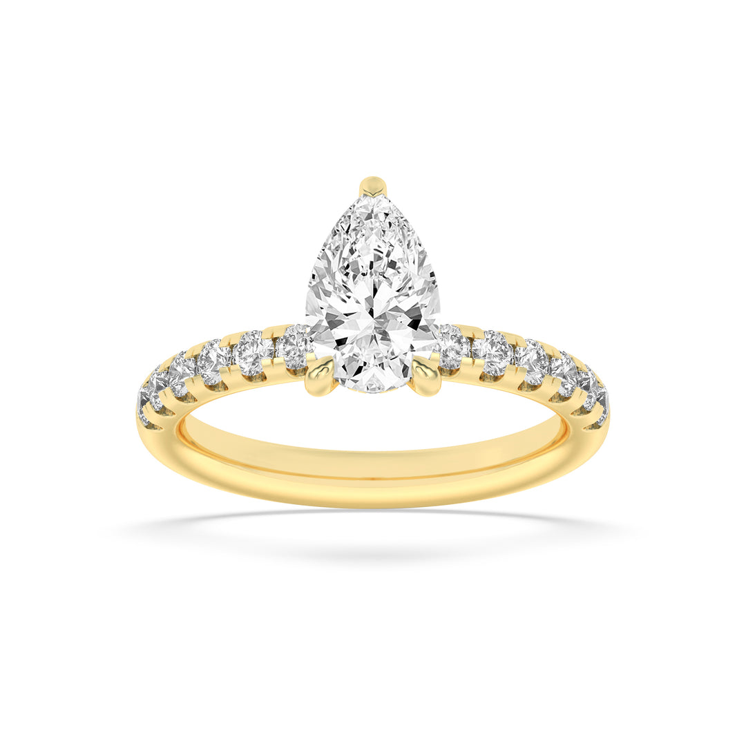 2CTW Pear Shaped Lab Grown Diamond (F/VS) Hidden Halo Accented Ring in 14K Gold