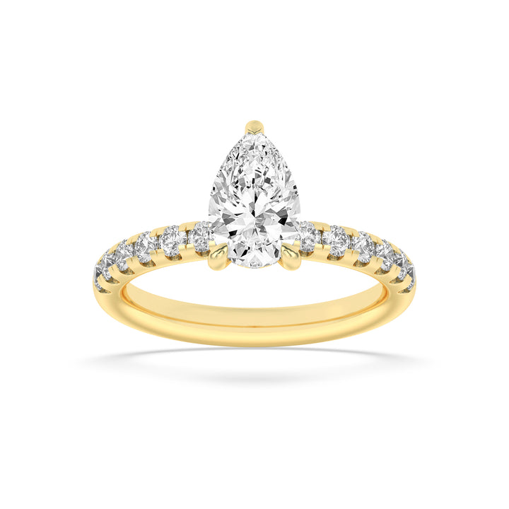 2CTW Pear Shaped Lab Grown Diamond (F/VS) Hidden Halo Accented Ring in 14K Gold