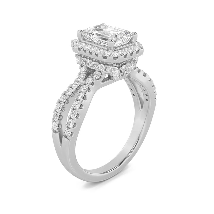 2Cttw Emerald Shaped Lab Grown Diamond (G/VS) Split Shank Halo Accented Engagement Ring in 14K Gold