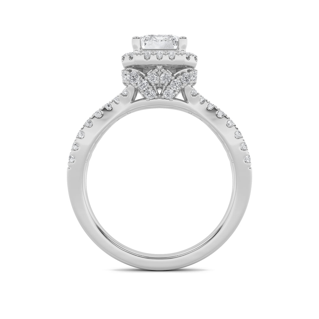 2Cttw Emerald Shaped Lab Grown Diamond (G/VS) Split Shank Halo Accented Engagement Ring in 14K Gold