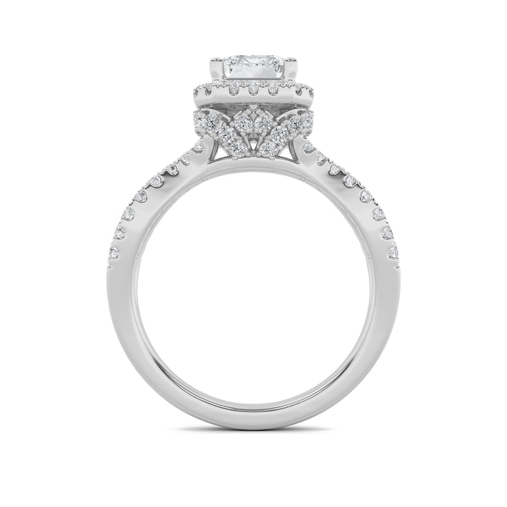 2Cttw Emerald Shaped Lab Grown Diamond (G/VS) Split Shank Halo Accented Engagement Ring in 14K Gold
