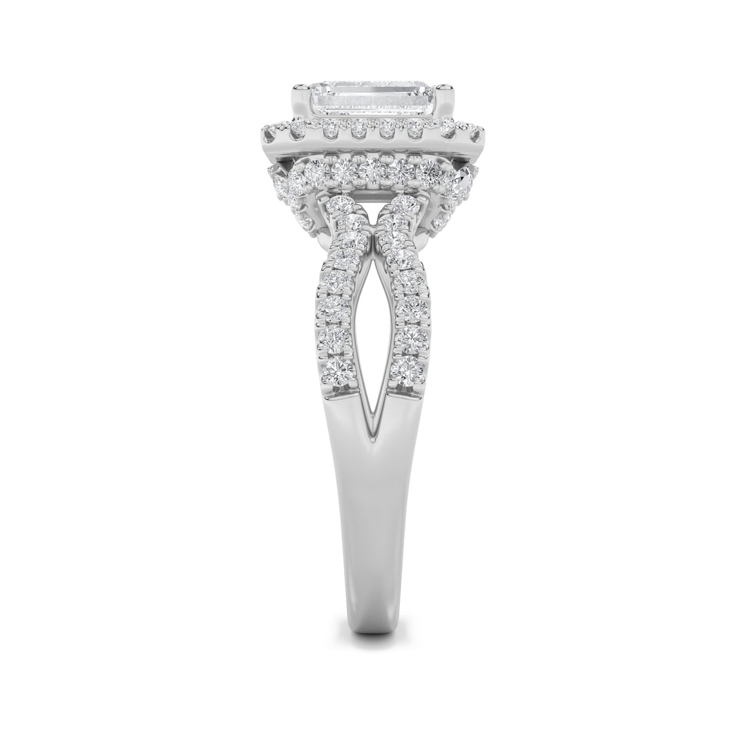 2Cttw Emerald Shaped Lab Grown Diamond (G/VS) Split Shank Halo Accented Engagement Ring in 14K Gold