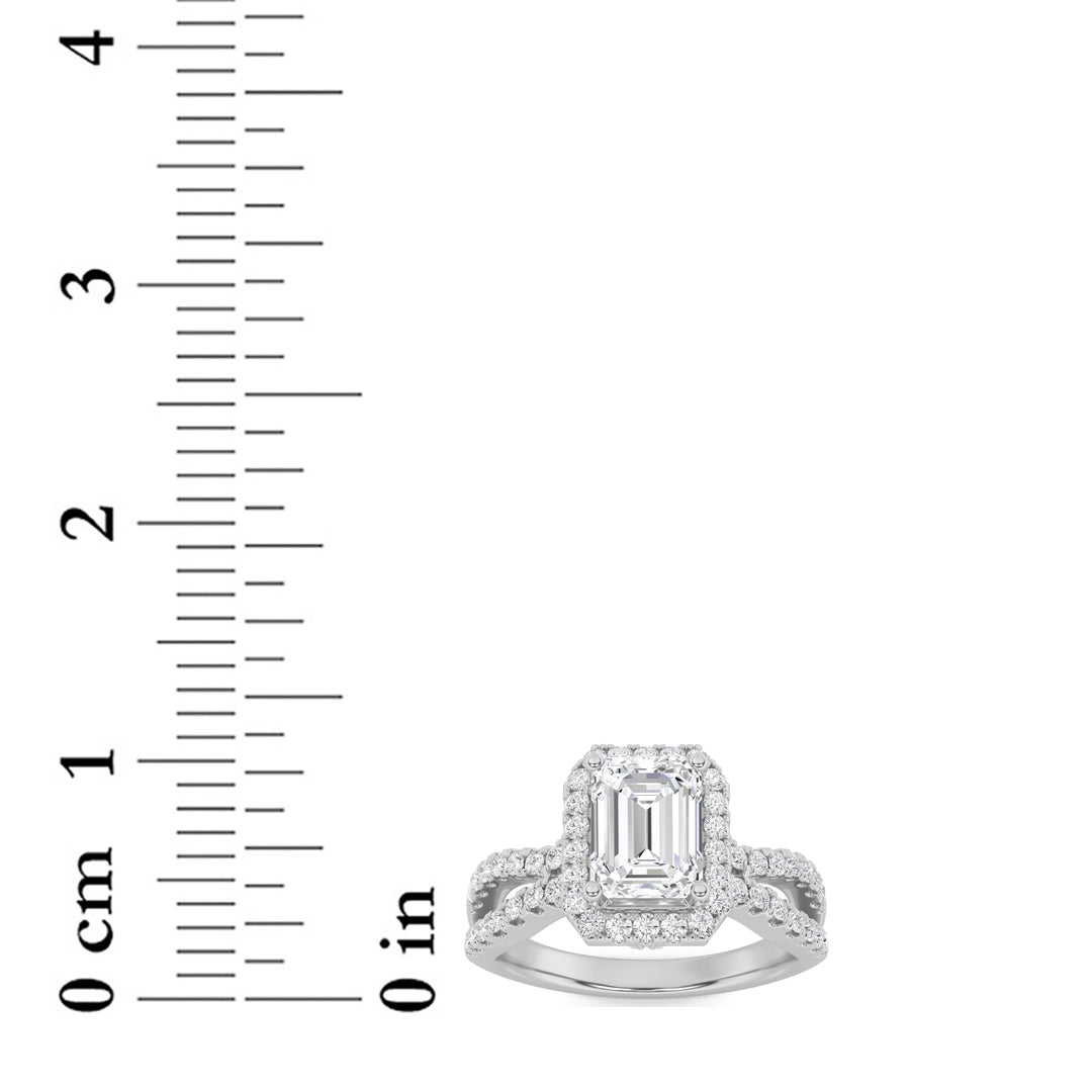 2Cttw Emerald Shaped Lab Grown Diamond (G/VS) Split Shank Halo Accented Engagement Ring in 14K Gold