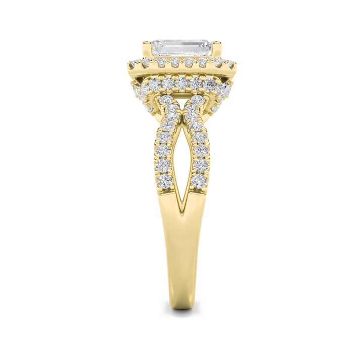 2Cttw Emerald Shaped Lab Grown Diamond (F/VS) Split Shank Halo Accented Engagement Ring in 14K Gold
