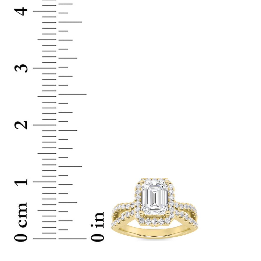 2Cttw Emerald Shaped Lab Grown Diamond (F/VS) Split Shank Halo Accented Engagement Ring in 14K Gold