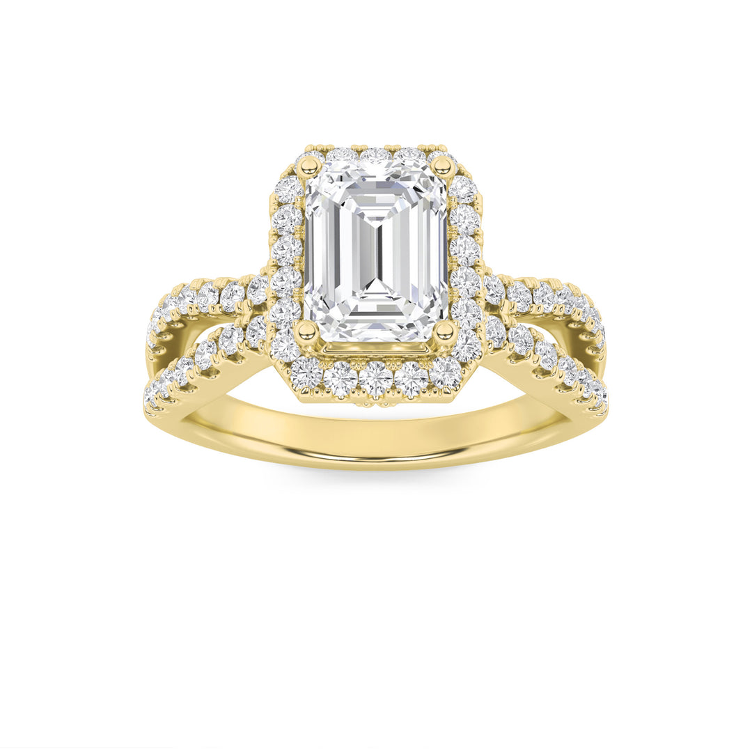 2Cttw Emerald Shaped Lab Grown Diamond (G/VS) Split Shank Halo Accented Engagement Ring in 14K Gold