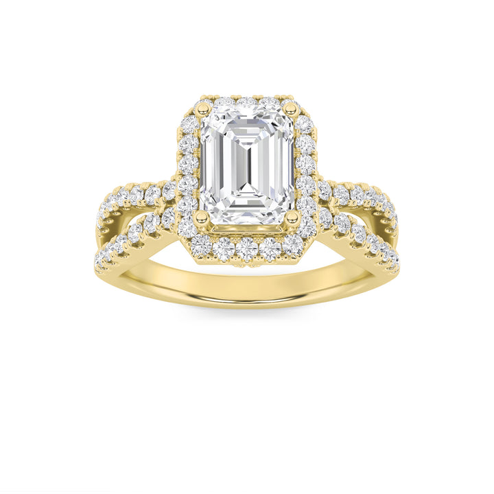 2Cttw Emerald Shaped Lab Grown Diamond (G/VS) Split Shank Halo Accented Engagement Ring in 14K Gold