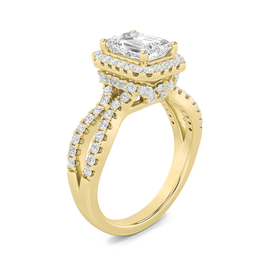 2Cttw Emerald Shaped Lab Grown Diamond (G/VS) Split Shank Halo Accented Engagement Ring in 14K Gold