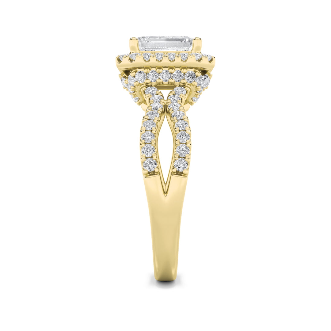 2Cttw Emerald Shaped Lab Grown Diamond (G/VS) Split Shank Halo Accented Engagement Ring in 14K Gold