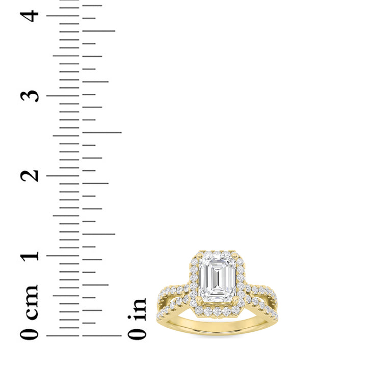 2Cttw Emerald Shaped Lab Grown Diamond (G/VS) Split Shank Halo Accented Engagement Ring in 14K Gold