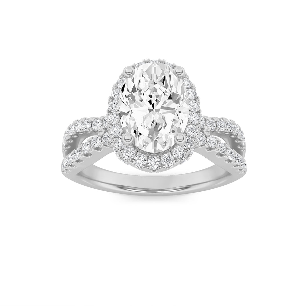 2Cttw Oval Shaped Lab Grown Diamond (F/VS) Split Shank Halo Accented Engagement Ring in 14K Gold