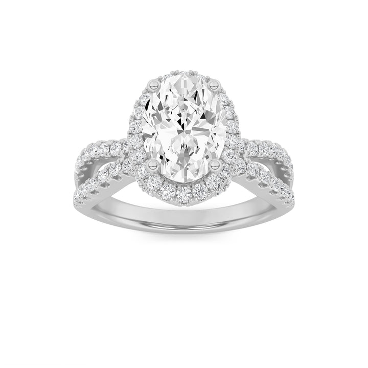 2Cttw Oval Shaped Lab Grown Diamond (F/VS) Split Shank Halo Accented Engagement Ring in 14K Gold