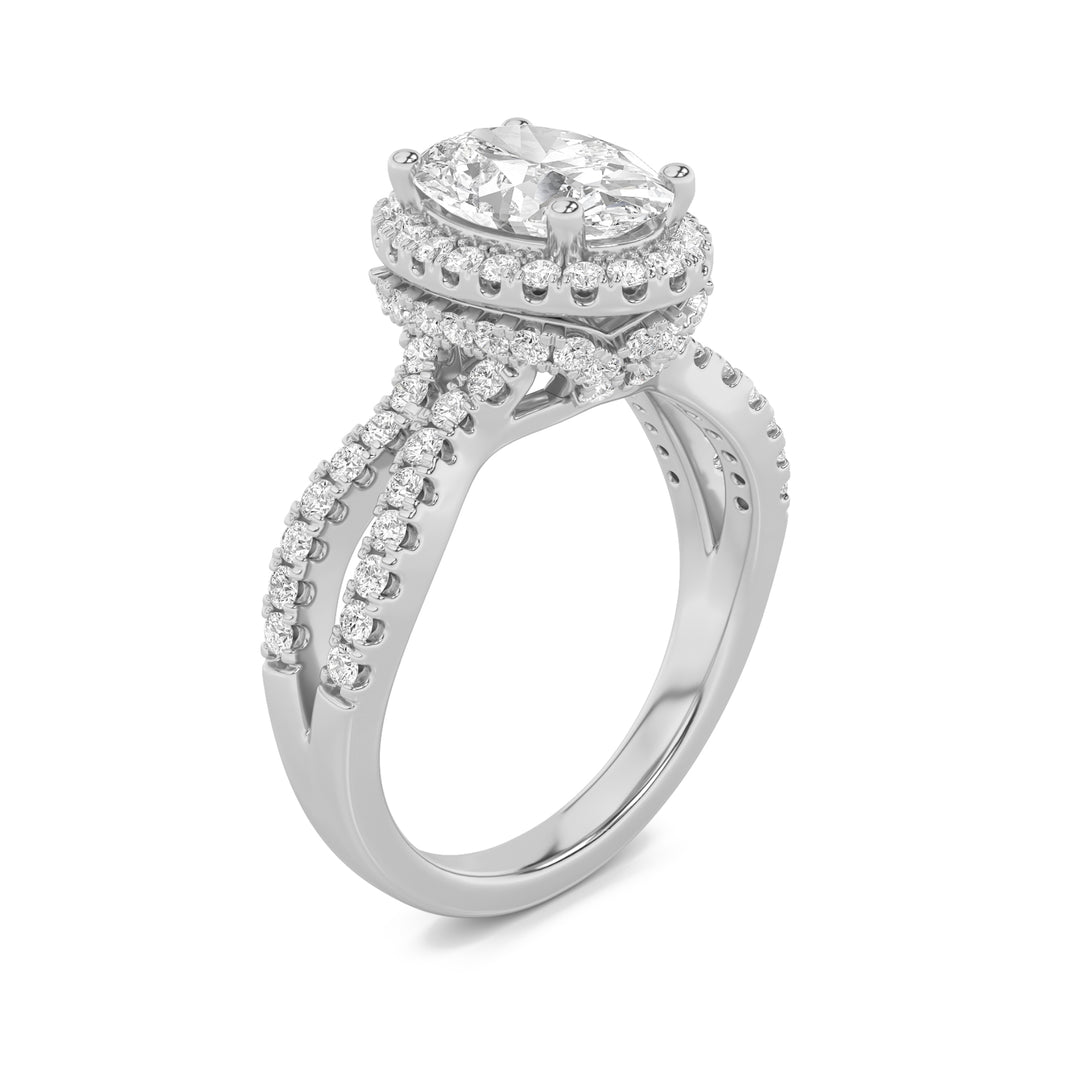 2Cttw Oval Shaped Lab Grown Diamond (G/VS) Split Shank Halo Accented Engagement Ring in 14K Gold