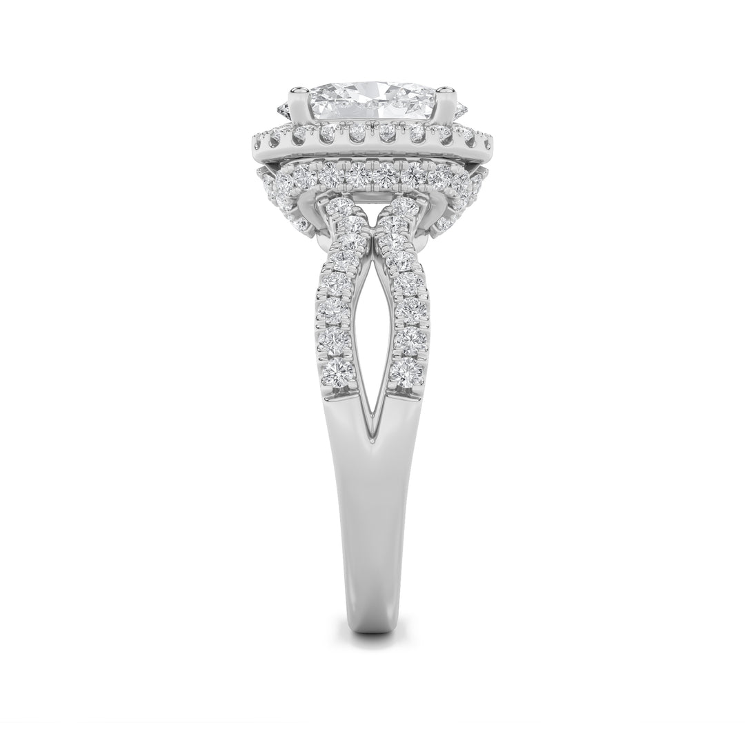 2Cttw Oval Shaped Lab Grown Diamond (G/VS) Split Shank Halo Accented Engagement Ring in 14K Gold