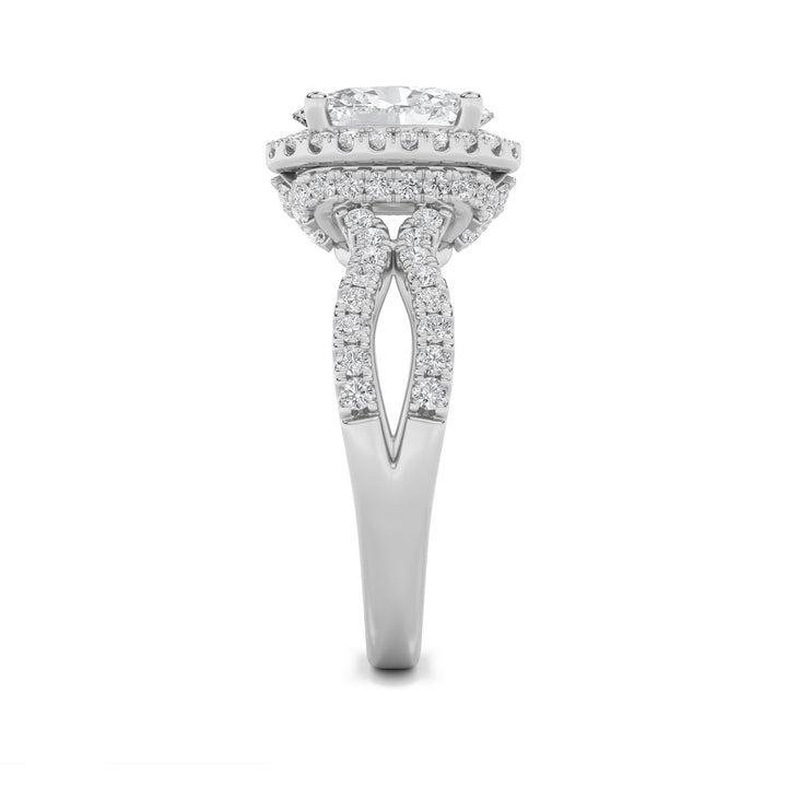 2Cttw Oval Shaped Lab Grown Diamond (G/VS) Split Shank Halo Accented Engagement Ring in 14K Gold