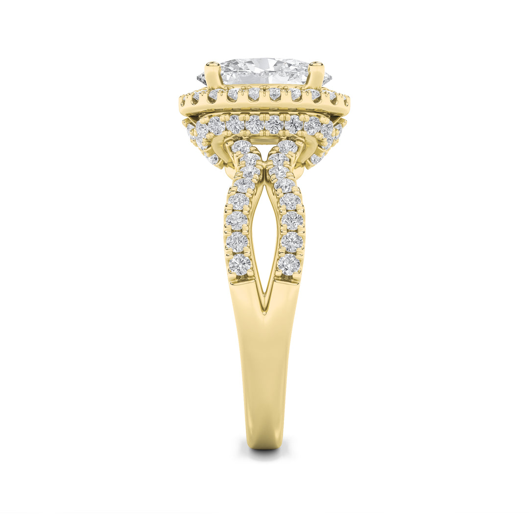 2Cttw Oval Shaped Lab Grown Diamond (F/VS) Split Shank Halo Accented Engagement Ring in 14K Gold