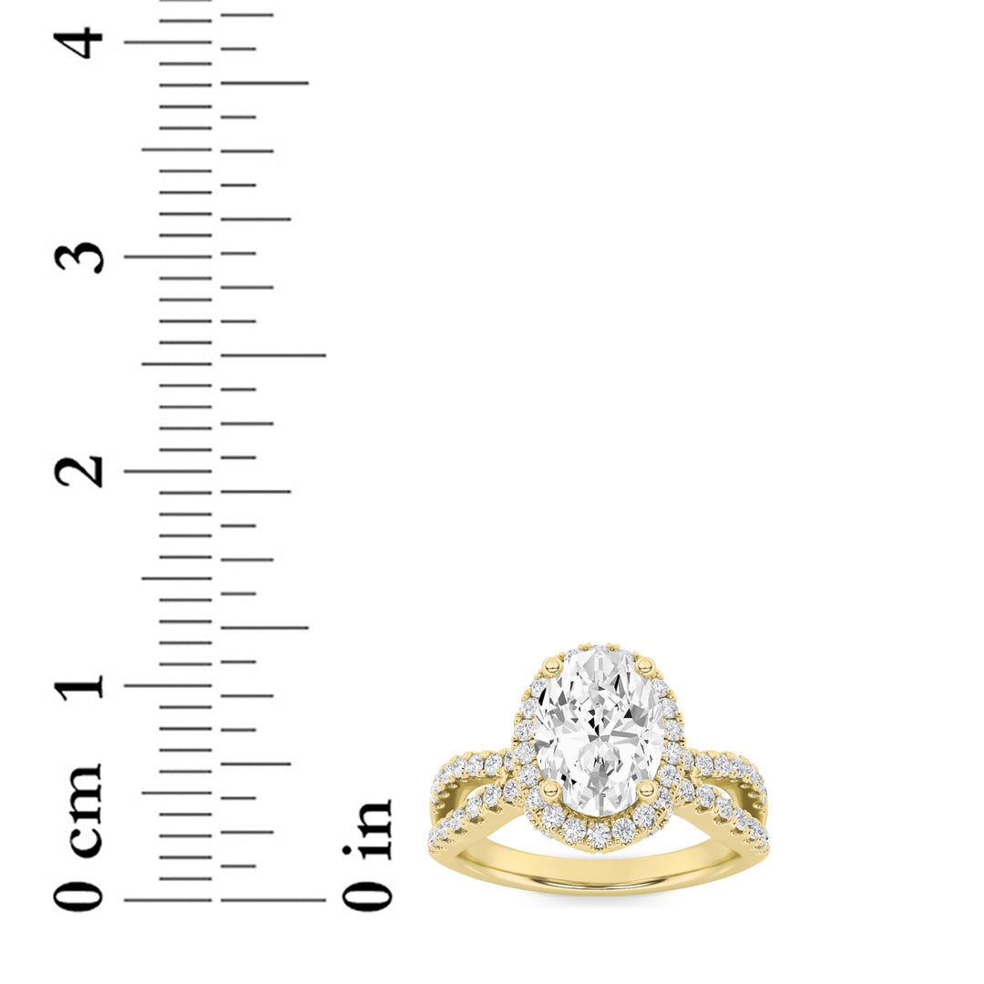 2Cttw Oval Shaped Lab Grown Diamond (F/VS) Split Shank Halo Accented Engagement Ring in 14K Gold