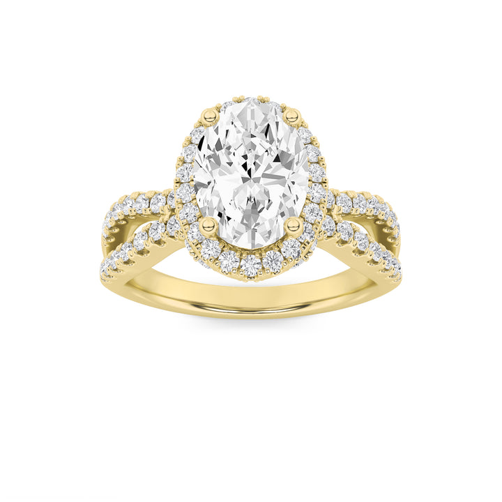 2Cttw Oval Shaped Lab Grown Diamond (G/VS) Split Shank Halo Accented Engagement Ring in 14K Gold