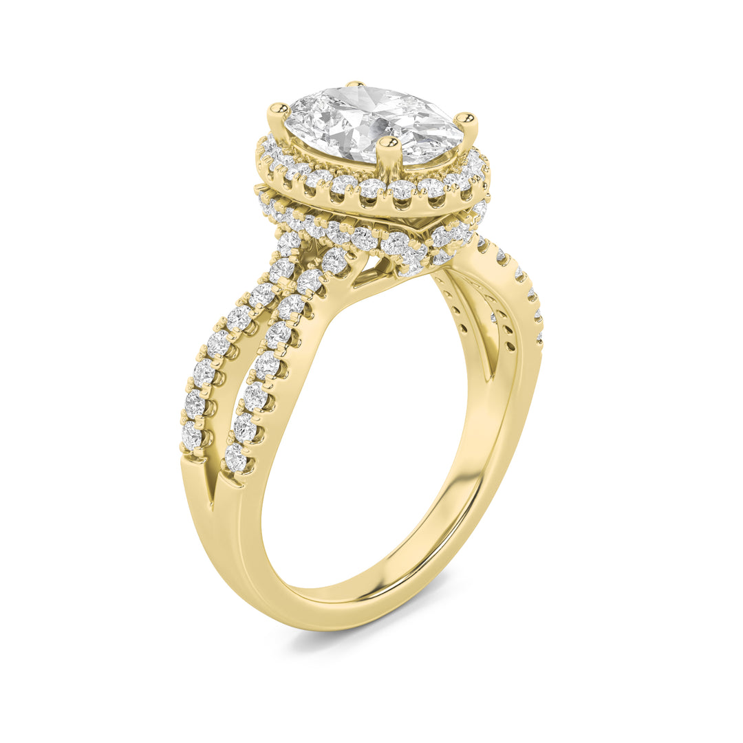 2Cttw Oval Shaped Lab Grown Diamond (G/VS) Split Shank Halo Accented Engagement Ring in 14K Gold