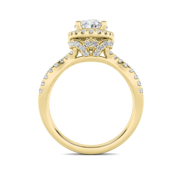 2Cttw Oval Shaped Lab Grown Diamond (G/VS) Split Shank Halo Accented Engagement Ring in 14K Gold