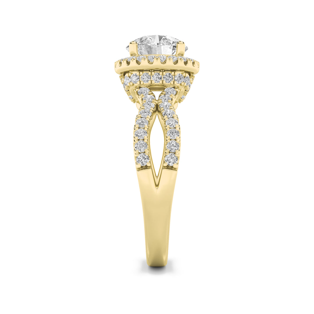 2Cttw Round Shaped Lab Grown Diamond (F/VS) SplitShank Halo Accented Engagement Ring in 14K Gold