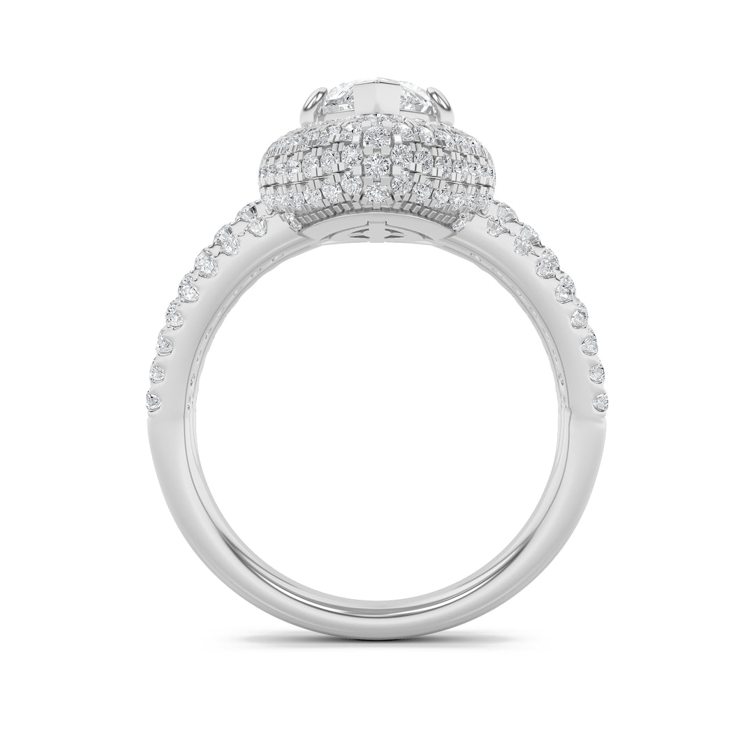 3Cttw Marquise Shaped Lab Grown Diamond (F/VS) Three Row Accented Halo Engagement Ring in 14K Gold
