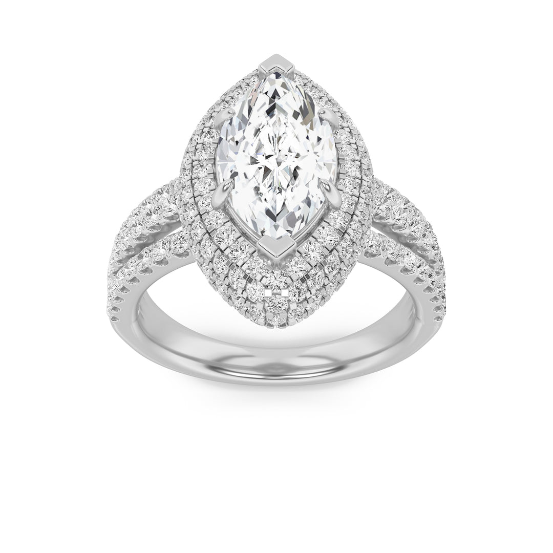 3Cttw Marquise Shaped Lab Grown Diamond (G/VS) Three Row Accented Halo Engagement Ring in 14K Gold