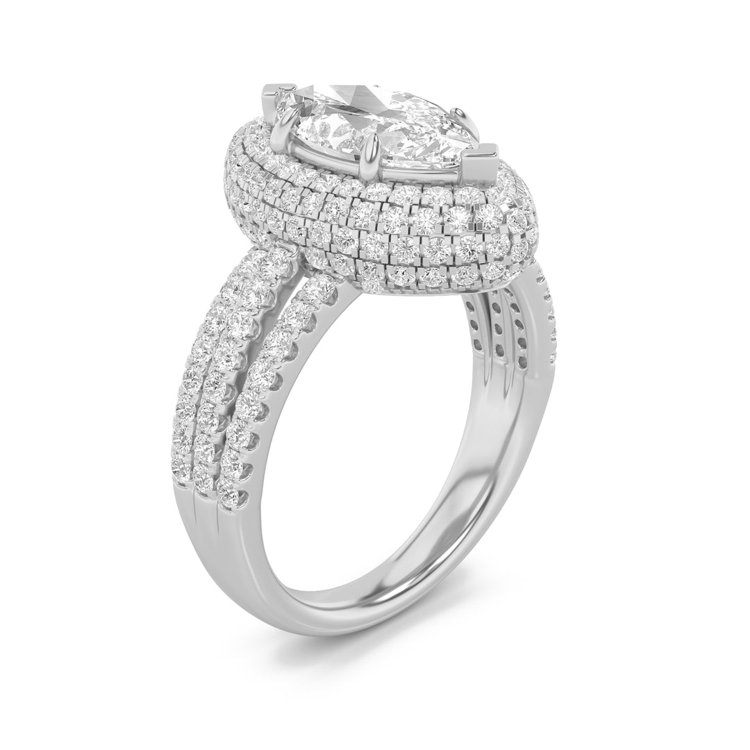 3Cttw Marquise Shaped Lab Grown Diamond (G/VS) Three Row Accented Halo Engagement Ring in 14K Gold