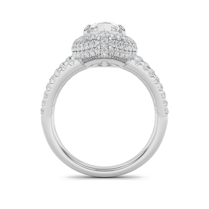 3Cttw Marquise Shaped Lab Grown Diamond (G/VS) Three Row Accented Halo Engagement Ring in 14K Gold
