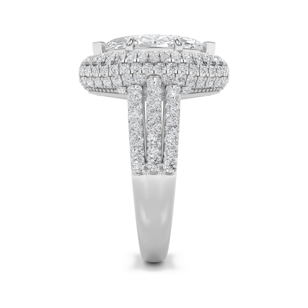 3Cttw Marquise Shaped Lab Grown Diamond (G/VS) Three Row Accented Halo Engagement Ring in 14K Gold