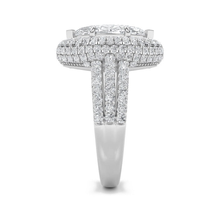 3Cttw Marquise Shaped Lab Grown Diamond (G/VS) Three Row Accented Halo Engagement Ring in 14K Gold